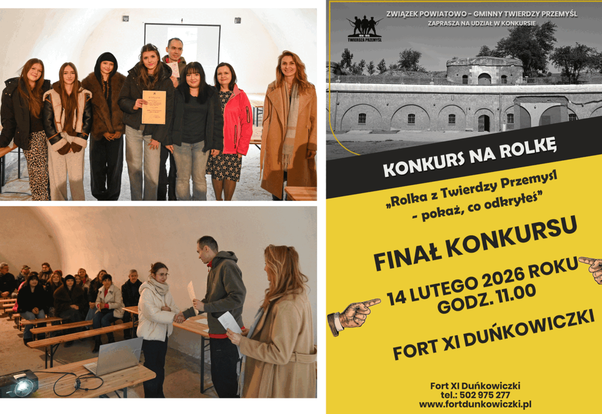 Obraz podzielony na trzy część. Górny lewy róg to stojące uczennice z liceum wraz organizatorami konkursu i nauczycielką, lewy dolny róg to zdjęcie z wręczenia nagrody uczestniczce konkursu. Prawa strona to plakat zapraszający na rozstrzygnięcie konkursu