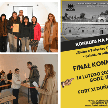 Obraz podzielony na trzy część. Górny lewy róg to stojące uczennice z liceum wraz organizatorami konkursu i nauczycielką, lewy dolny róg to zdjęcie z wręczenia nagrody uczestniczce konkursu. Prawa strona to plakat zapraszający na rozstrzygnięcie konkursu