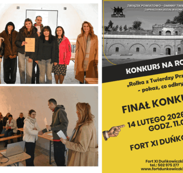 Obraz podzielony na trzy część. Górny lewy róg to stojące uczennice z liceum wraz organizatorami konkursu i nauczycielką, lewy dolny róg to zdjęcie z wręczenia nagrody uczestniczce konkursu. Prawa strona to plakat zapraszający na rozstrzygnięcie konkursu
