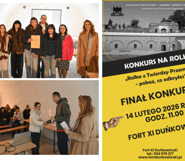 Obraz podzielony na trzy część. Górny lewy róg to stojące uczennice z liceum wraz organizatorami konkursu i nauczycielką, lewy dolny róg to zdjęcie z wręczenia nagrody uczestniczce konkursu. Prawa strona to plakat zapraszający na rozstrzygnięcie konkursu