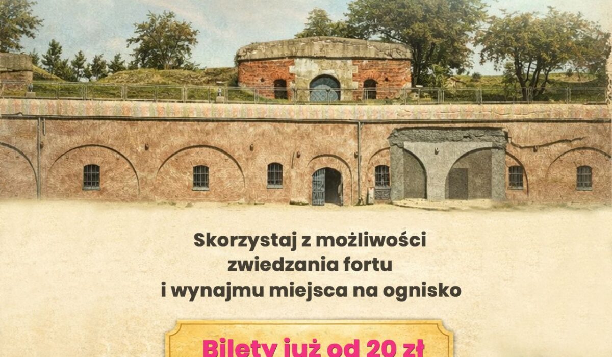 Na dole plakatu łąką pełna tulipanów, na górze plakatu koszary Fortu XI Duńkowiczki. Pomiędzy nimi tekst: Powiat wiosnę na Forcie XI Duńkowiczki. Nie tylko w Dniu Wagarowicza :) Skorzystaj z możliwości zwiedzania fortu i wynajmu miejsca na ognisko. Bilety już od 20 zł. Pełny cennik usług na stronie internetowej. Poniżej kod QR i tekst: zeskanuj kod QR.