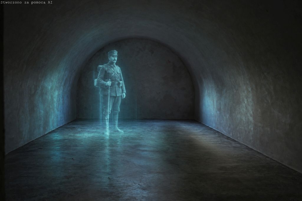 Ciemna kazamata forteczna. Po lewej stronie jako hologram żołnierz piechoty austriackiej.