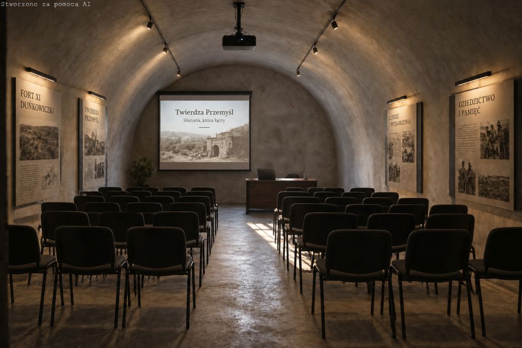 Kazamata forteczna jako sala konferencyjna. Na środku stoją krzesła, na ścianach tablice nt. twierdzy Przemyśl. Na suficie wisi rzutnik multimedialny, a na zamykającej ścianie ekran.